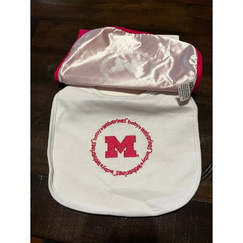 NEW Michigan Wolverines Baby Fanatics Baby Girl Bib Set Of 2 Hot Pink White